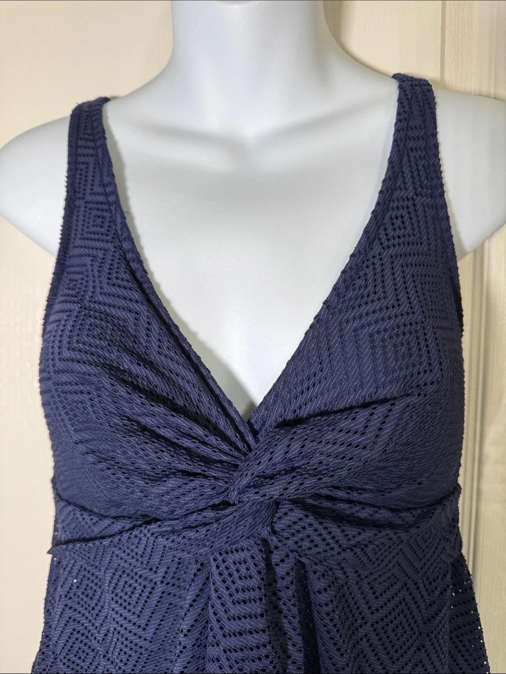 Navy Twist Front Swim Dress One Piece Lace Skirted Swimsuit Size 10